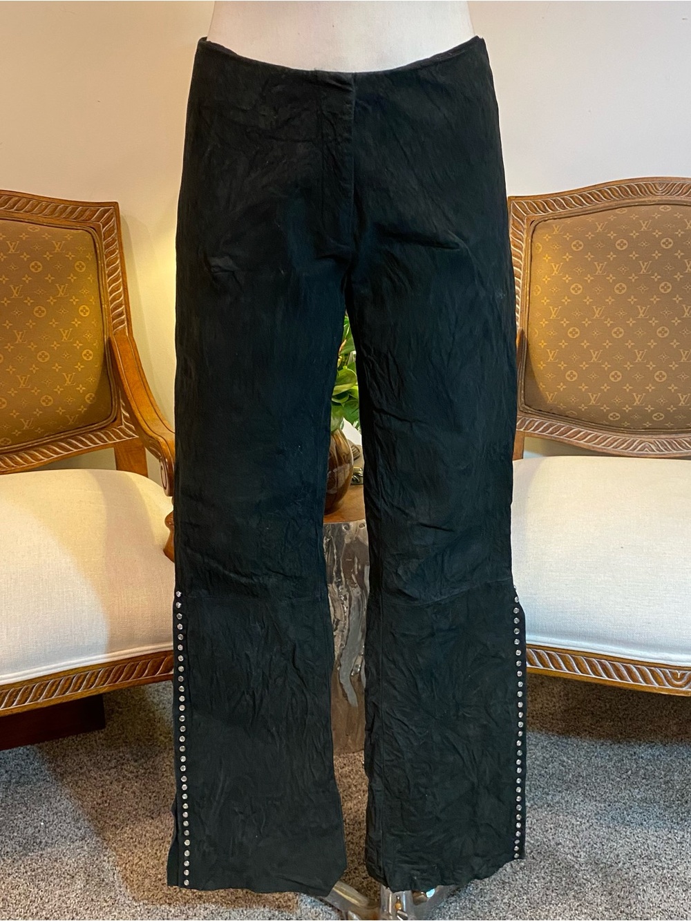 Vintage Cache Black Suede Leather Wide-Leg Pants with Side Rhinestone Detail 4/6